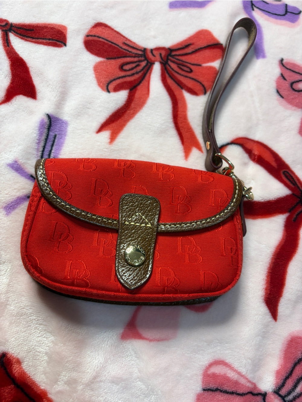Dooney & Bourke Red Wristlet Clutch with Brown Trim